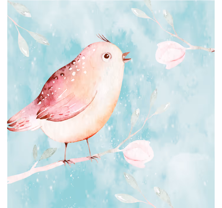 Persiana enrollable salón pájaro pintado con flores blancas - TenVinilo