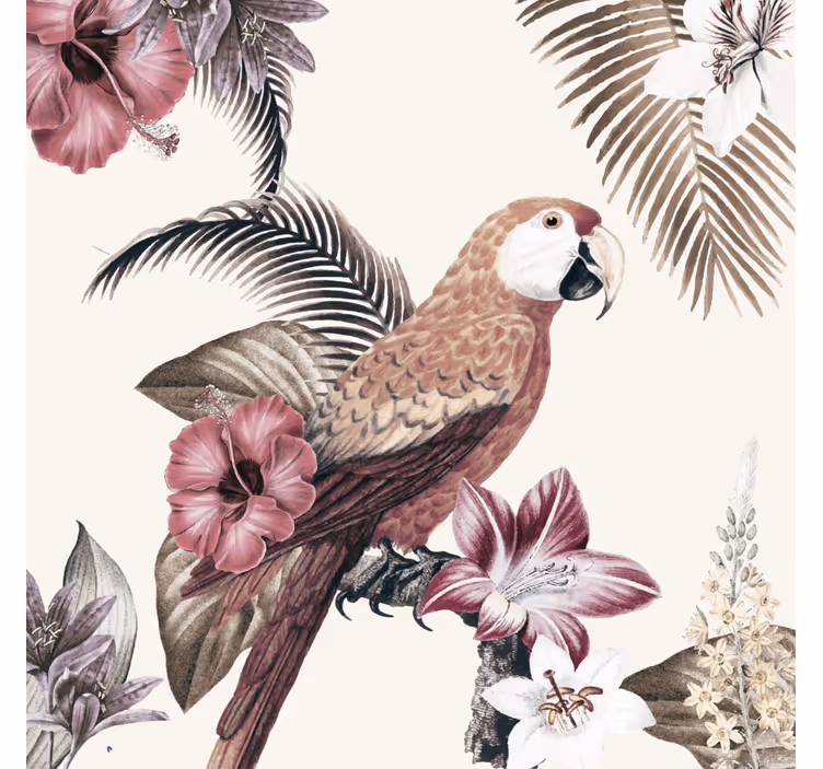 Persiana enrollable salón loro colorido con flores rosas - TenVinilo