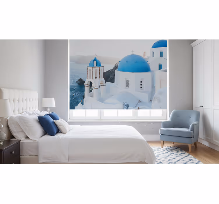 Persiana enrollable para cuarto casas azules y océano - TenVinilo