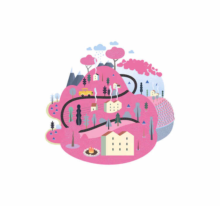 Persiana enrollable infantil montañas rosas con casas - TenVinilo