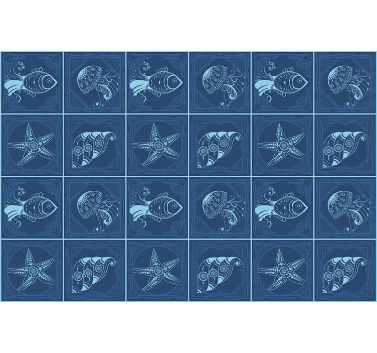Persiana enrollable azul azulejos de vida marina ornamental - TenVinilo