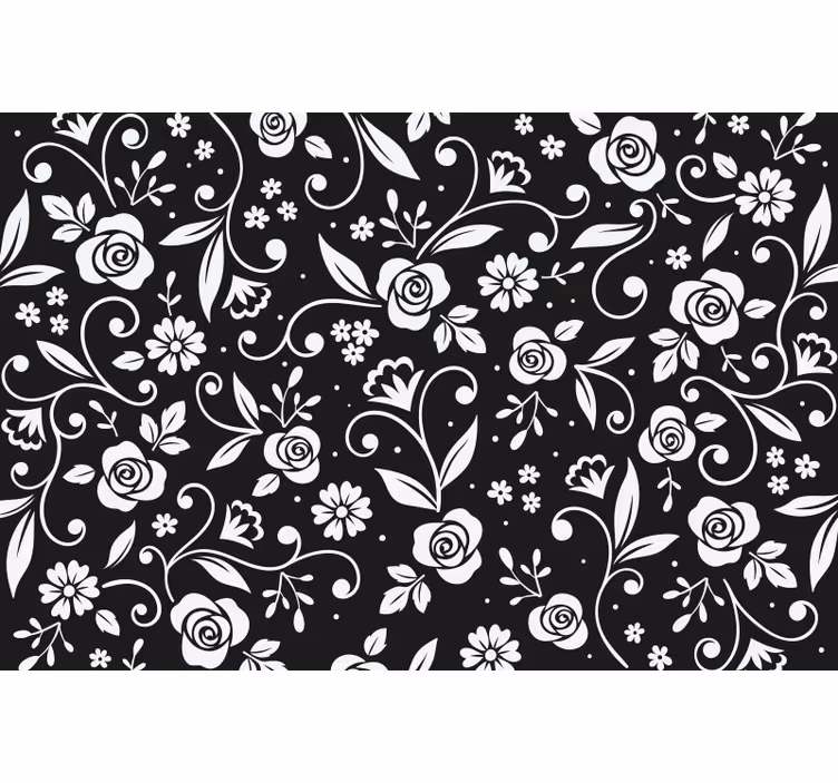 Persiana enrollable negra patrón abstracto de flores blancas - TenVinilo