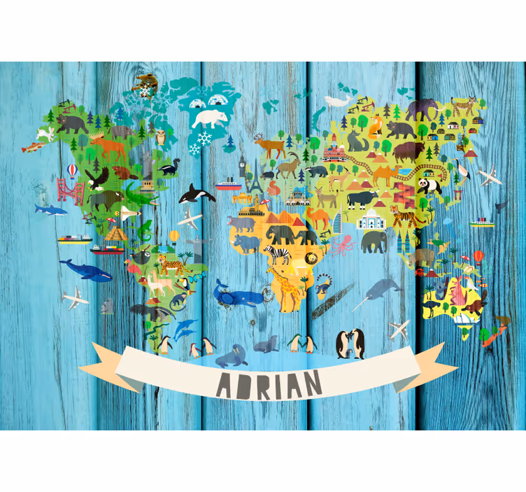 Persiana enrollable mapamundi mapa político azul para niños - TenVinilo