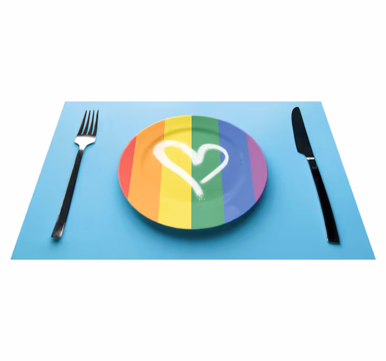 Mantel individual moderno Plato de corazón arcoiris con cubiertos - TenVinilo