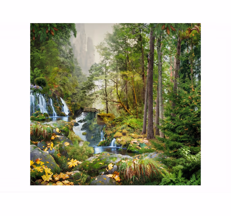 Mural de naturaleza lago del bosque con cascada - TenVinilo