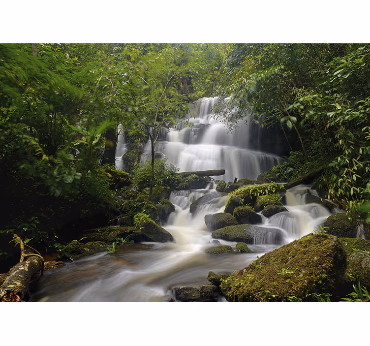 Papel pintado verde naturaleza bosque y cascada - TenVinilo