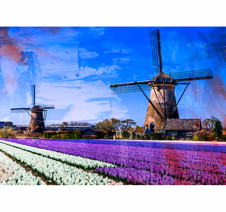 Mural ciudad molinos de viento en el campo de tulipanes - TenVinilo