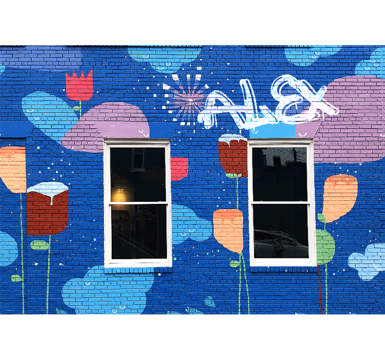 Mural graffiti elementos florales coloridos - TenVinilo