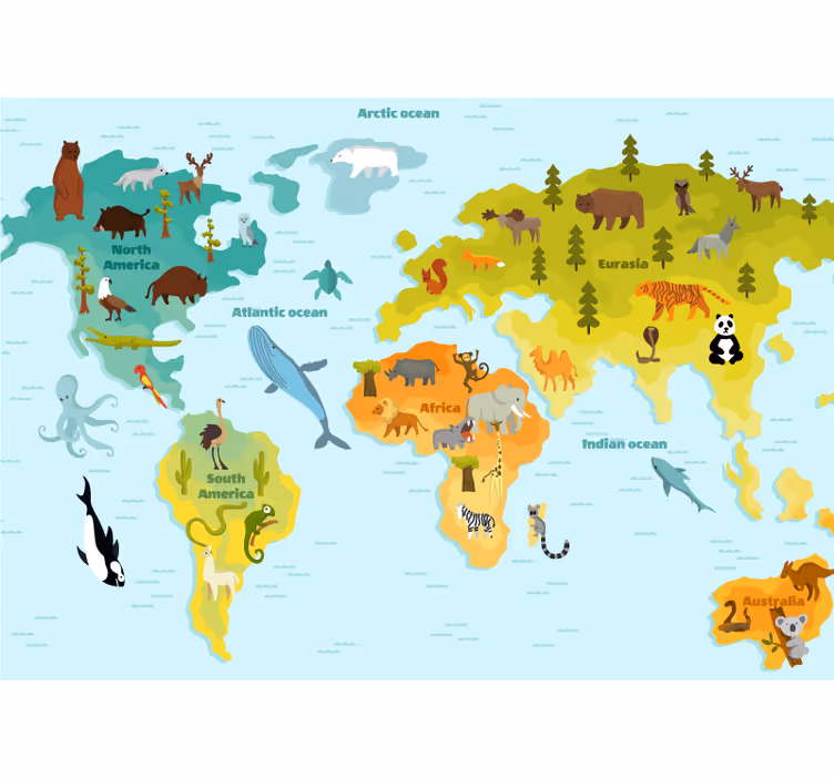 Mural mapamundi exploración animal global - TenVinilo