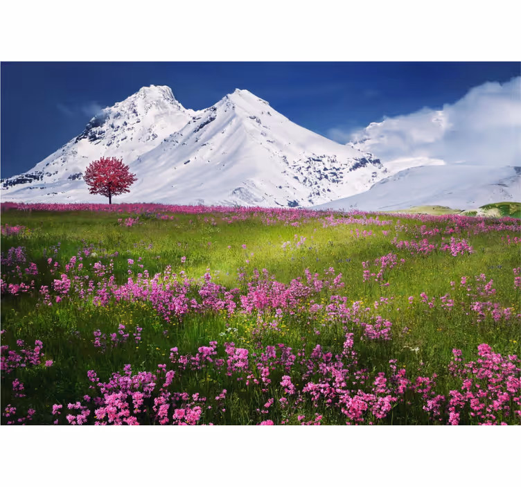 Mural de naturaleza montañas nevadas florecen - TenVinilo