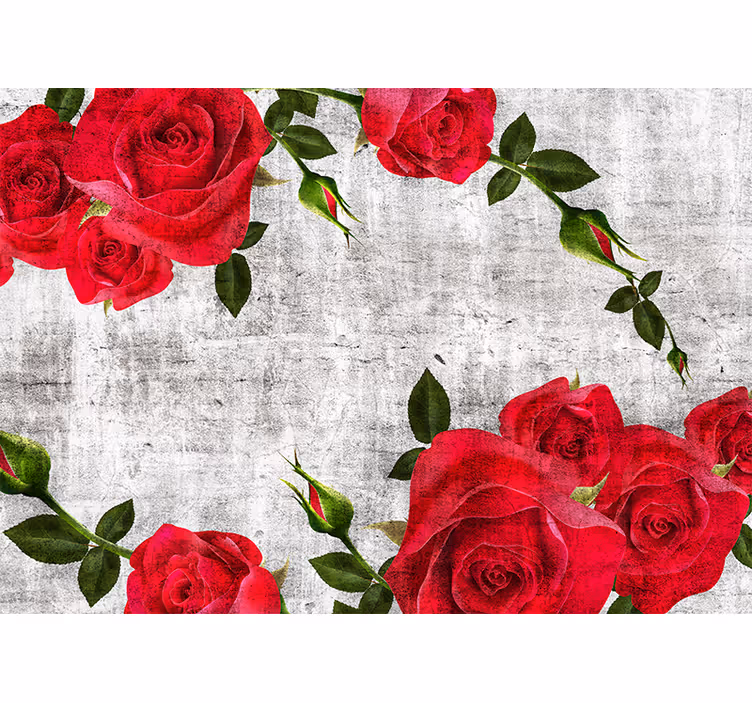 Fotomural imitación ladrillo Pared efecto piedra rosas rojas - TenVinilo