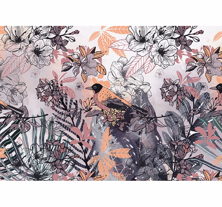 Mural de flores pájaro entre flores - TenVinilo