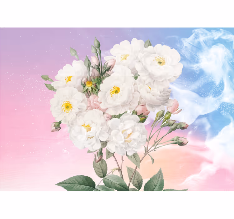 Fotomural 3D Flores blancas con fondo azul y naranja - TenVinilo