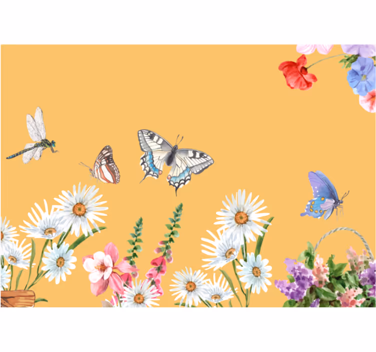 Mural de flores escena floral con mariposas - TenVinilo