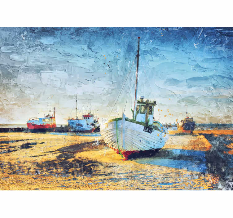 Mural ciudad barcos de pesca en la costa - TenVinilo