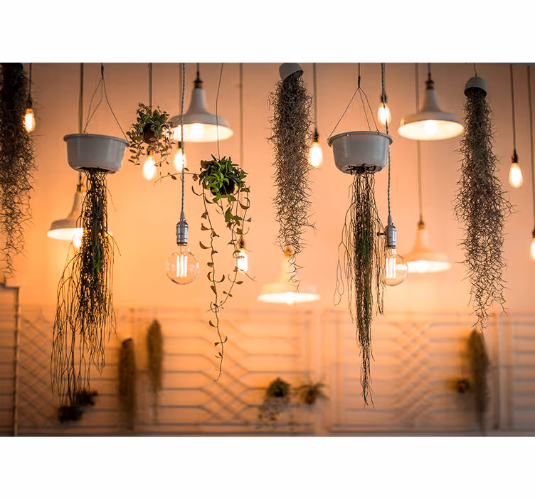 Mural para habitaciones Bombillas colgantes con plantas. - TenVinilo