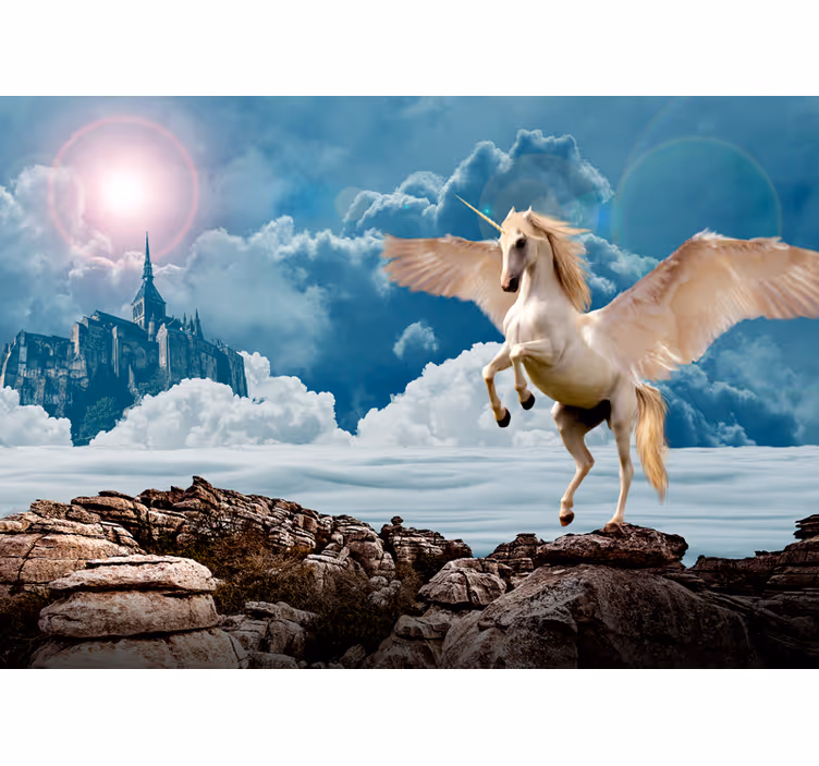 Mural de fantasía vuelo del unicornio majestuoso - TenVinilo