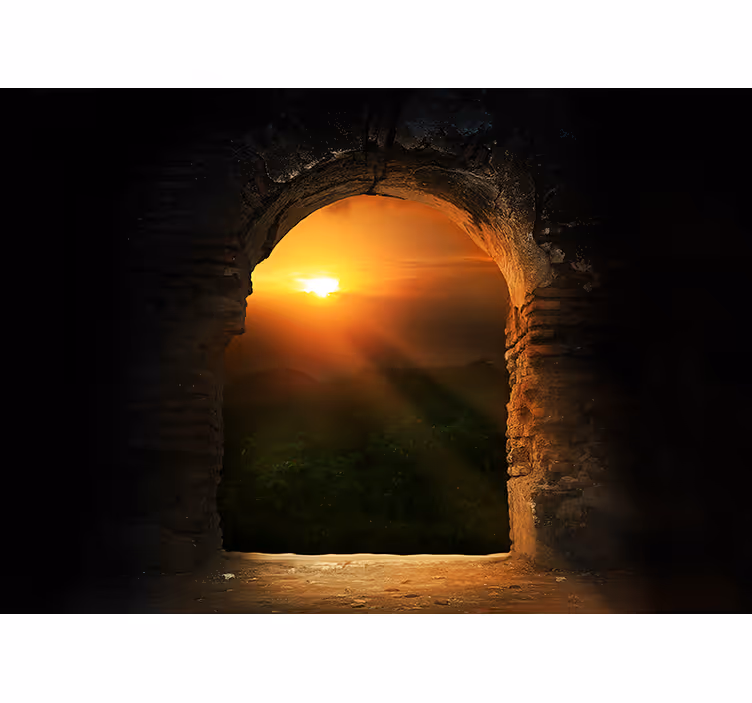 Fotomural 3D Ventana castillo atardecer - TenVinilo