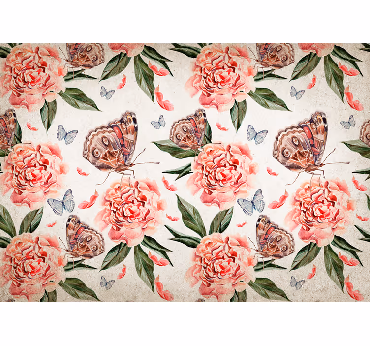 Fotomural flores Vintage acuarela rosas y mariposas - TenVinilo