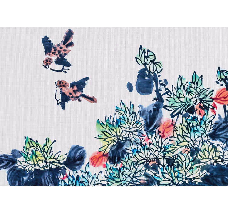 Mural de flores pájaros entre flores - TenVinilo