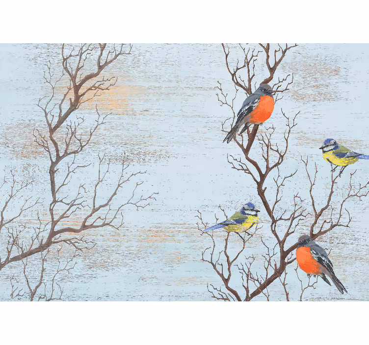 Fotomural retro Arboles azules con pajaros - TenVinilo