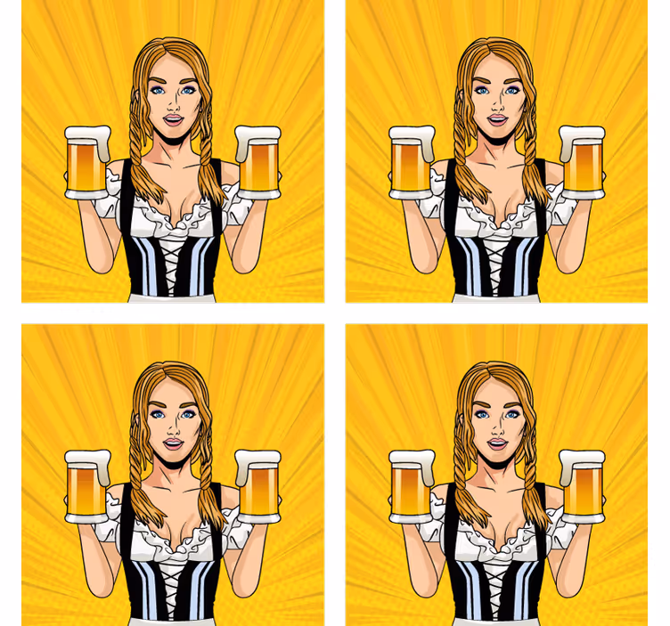 Portavasos cerveza mujer alegre sosteniendo cervezas - TenVinilo