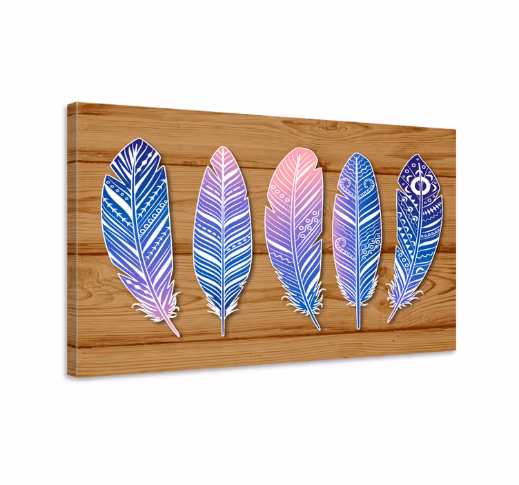 Cuadro plumas Plumas coloridas sobre textura madera - TenVinilo