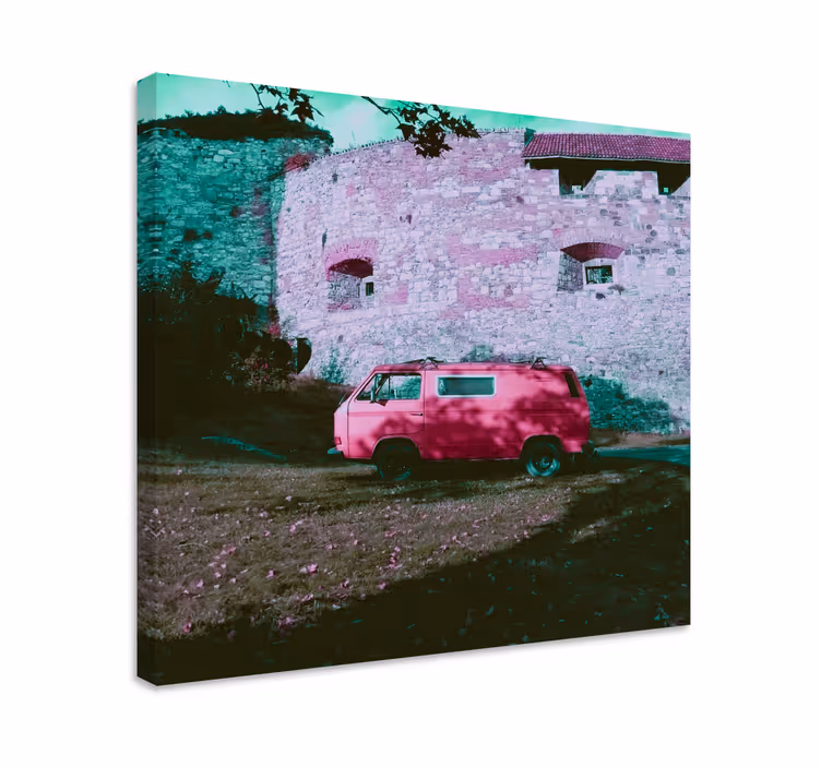 Cuadro para dormitorio Coche rosa y diseño de castillo rosa - TenVinilo