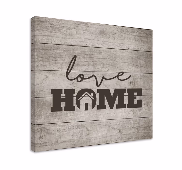 Cuadro frase Amor a casa en la plancha de madera gris - TenVinilo
