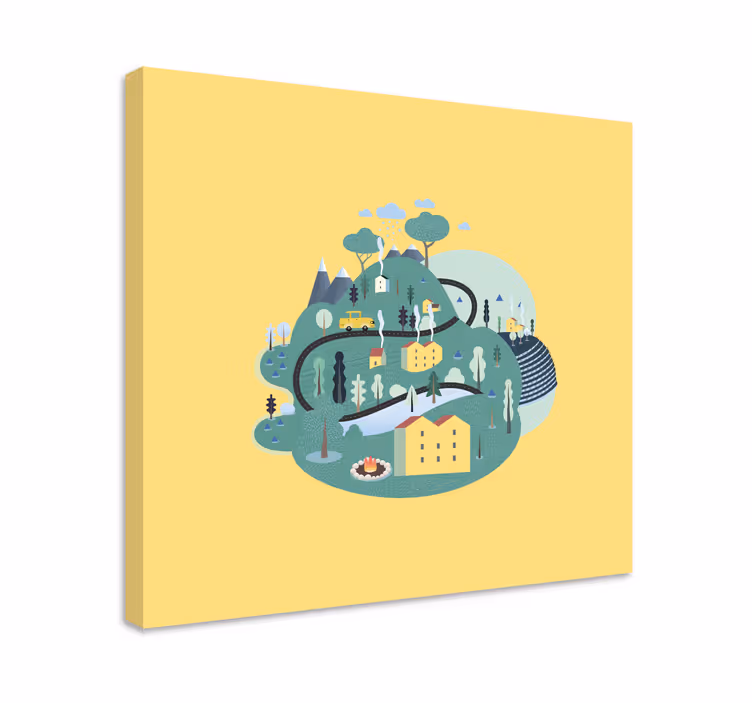 Cuadro infantil Montañas verdes con casas - TenVinilo