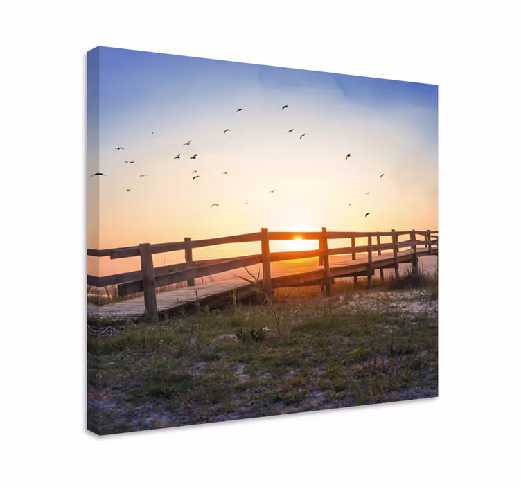 Cuadro 3d Puente de madera marrón vista del atardecer - TenVinilo