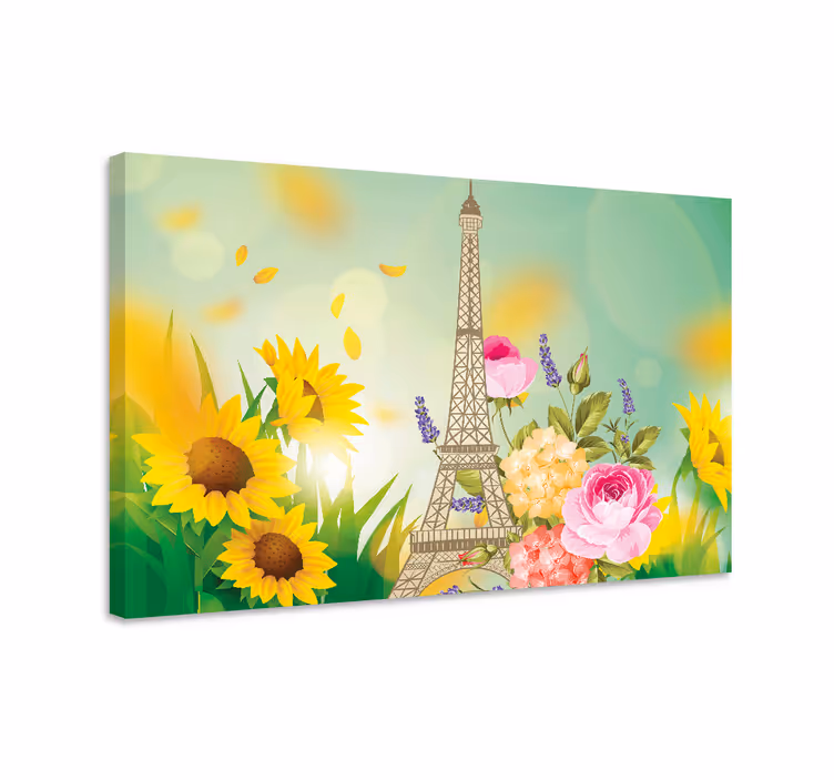 Cuadro ciudades Torre eiffel con flores y el sol - TenVinilo