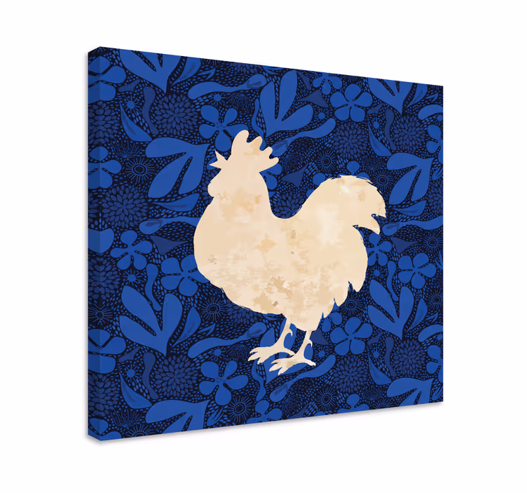 Cuadro aves Gallo beige con flores azules - TenVinilo
