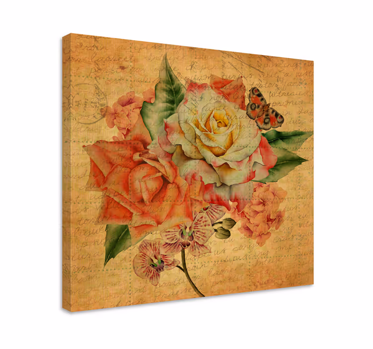 Cuadro de flores Rosa con mariposa y escritos - TenVinilo