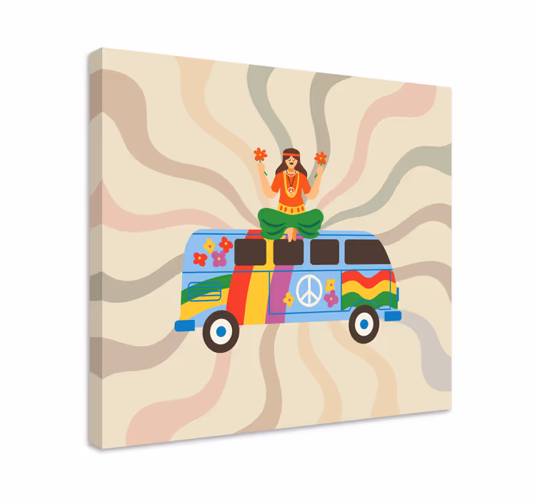 Cuadro vintage Chica hippie colorfu con un autobús - TenVinilo