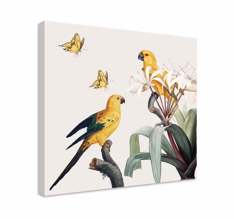Cuadro vintage Loros con flores amarillas y mariposas - TenVinilo