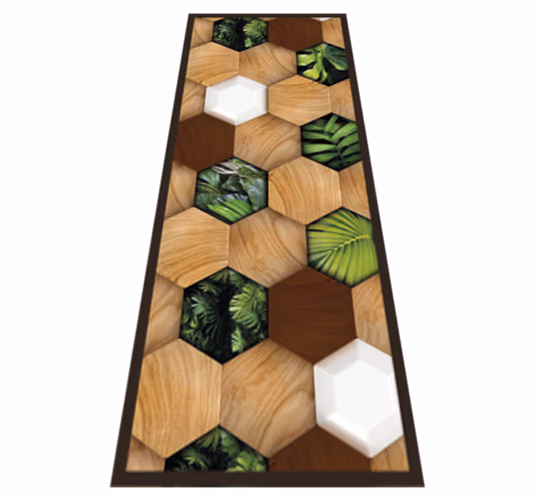Alfombra vinílica cocina hexágonos tropicales de madera - TenVinilo