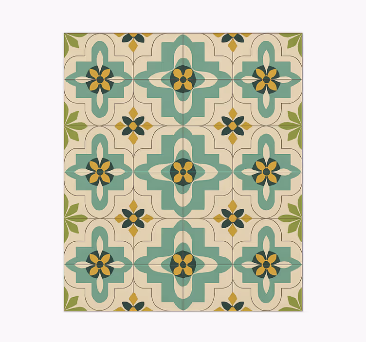 Alfombra vinílica cocina azulejos florales retro - TenVinilo
