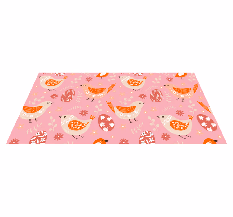 Alfombra vinílica flores diseño folk rosa con pájaros - TenVinilo