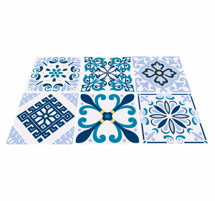 Alfombra vinílica cocina azulejos de flores azules - TenVinilo