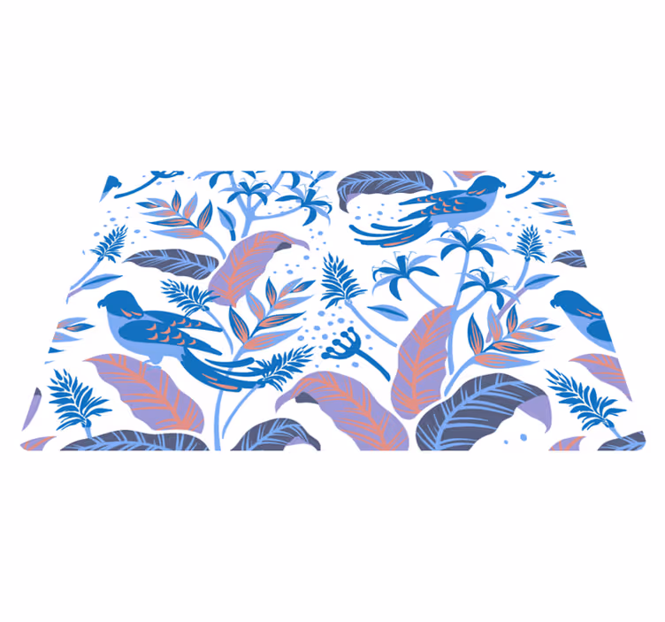 Alfombra vinílica naturaleza aves azules y rosas sobre hojas - TenVinilo