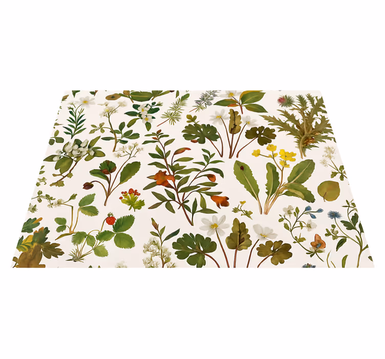 Alfombra vinílica dormitorio diseño botánico fondo blanco - TenVinilo