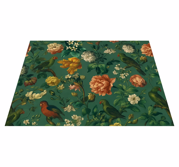 Alfombra vinílica dormitorio flores y aves verdes oscuras - TenVinilo