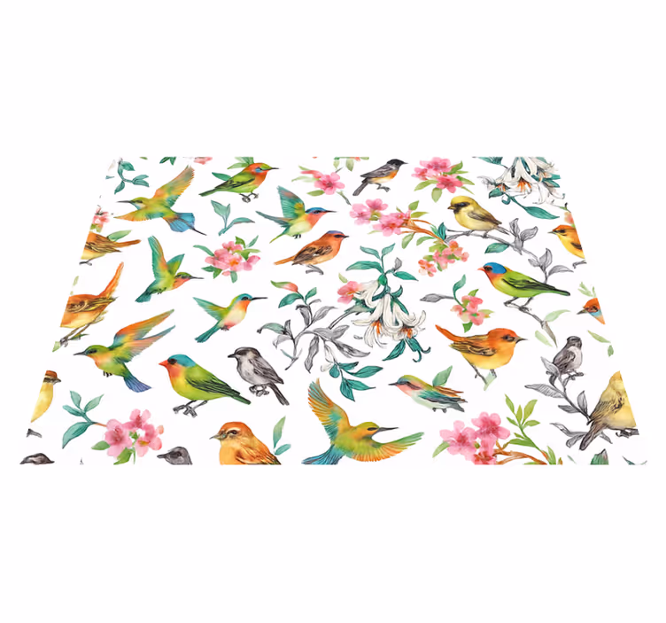 Alfombra vinílica dormitorio naturaleza colorida con aves - TenVinilo