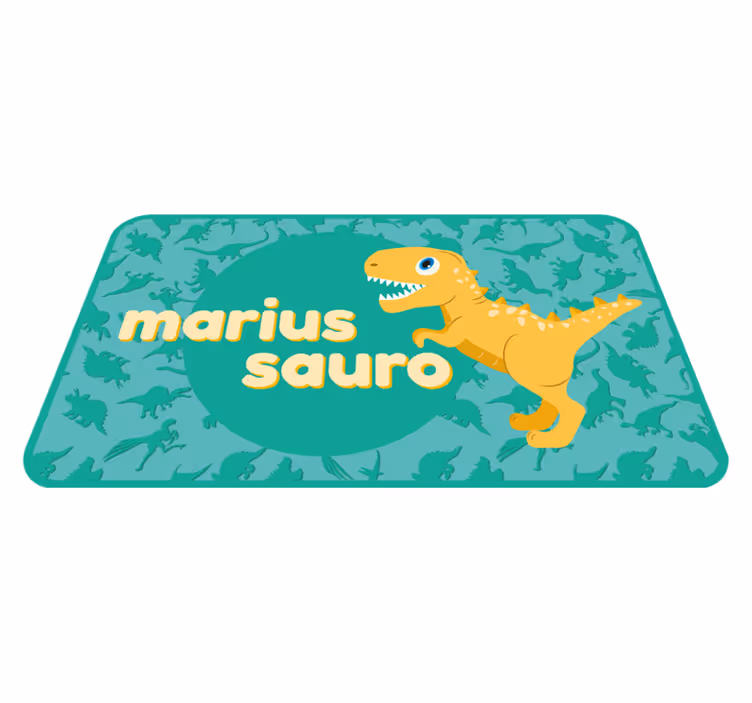 Alfombra vinílica con nombre T-rex para niños sobre fondo azul - TenVinilo