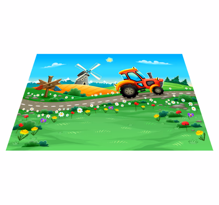 Alfombra vinílica infantil escena juguetona del tractor - TenVinilo
