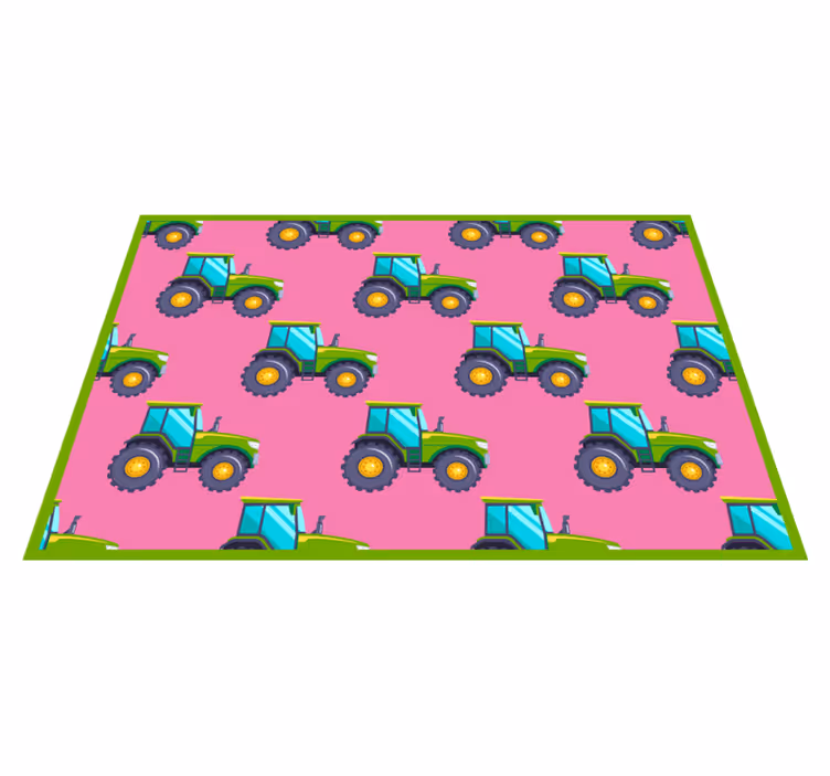 Alfombra vinílica infantil tractores sobre fondo rosa - TenVinilo