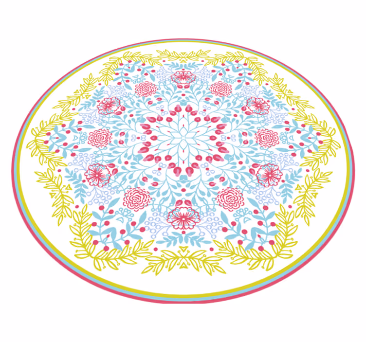 Alfombra vinílica mandala motivo botánico azul y rosa - TenVinilo