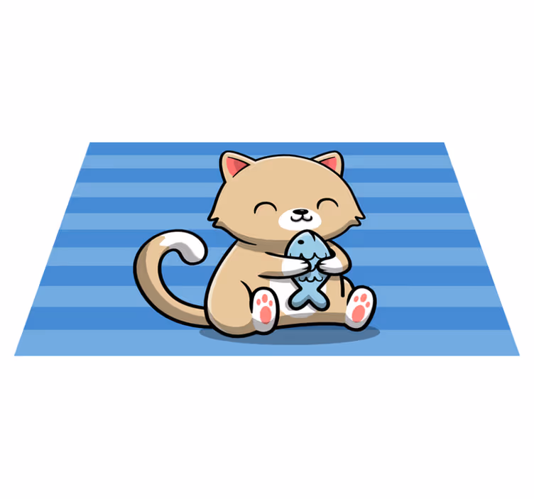 Alfombra vinílica animales lindo gato con pez - TenVinilo