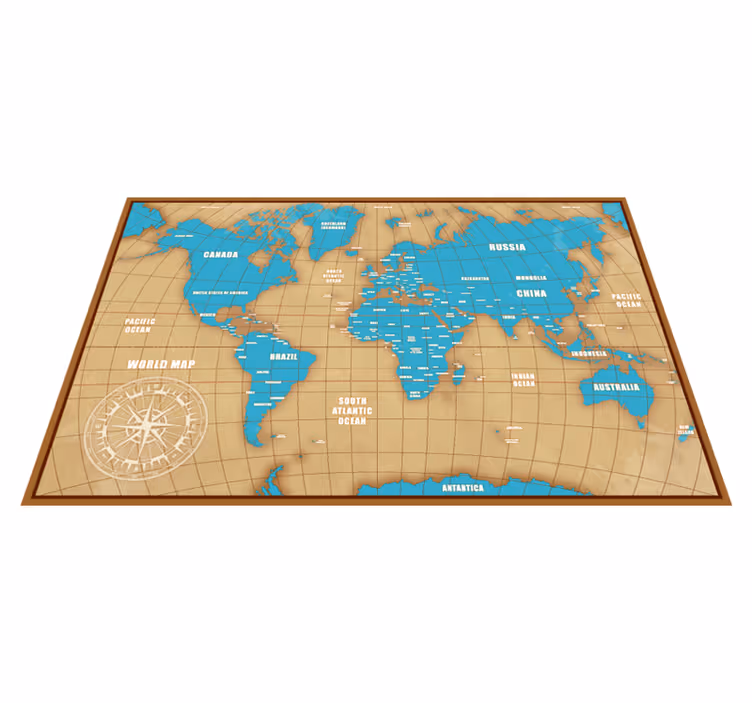 Alfombra de vinilo mapamundi Tierra azul en un marco marrón - TenVinilo